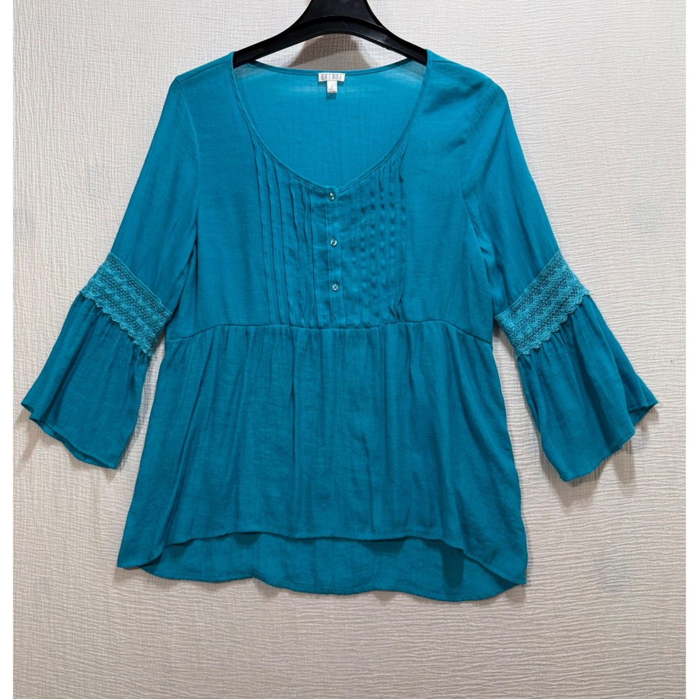 Spense Bell Sleeve Blouse Womens L Teal Blue‎ Boho Pintuck Crochet Cottagecore